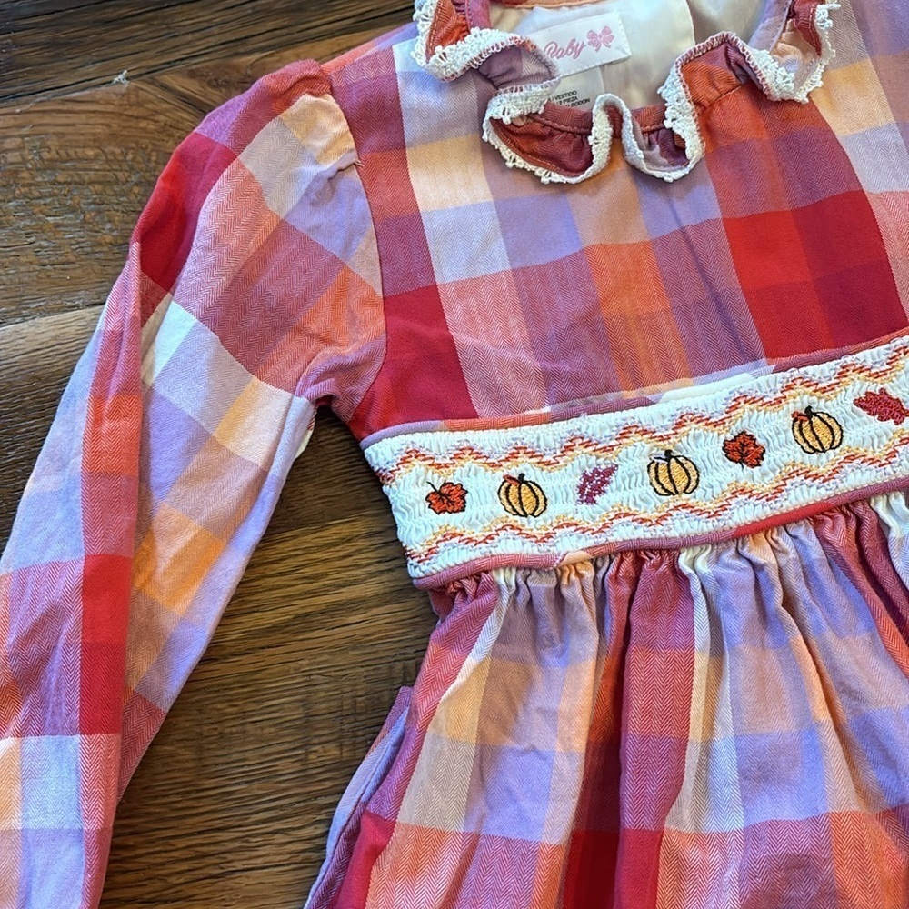 Bonnie Baby pink Plaid Smocked Embroidered Pumpkin Dress Size 24M - Picture 2 of 9